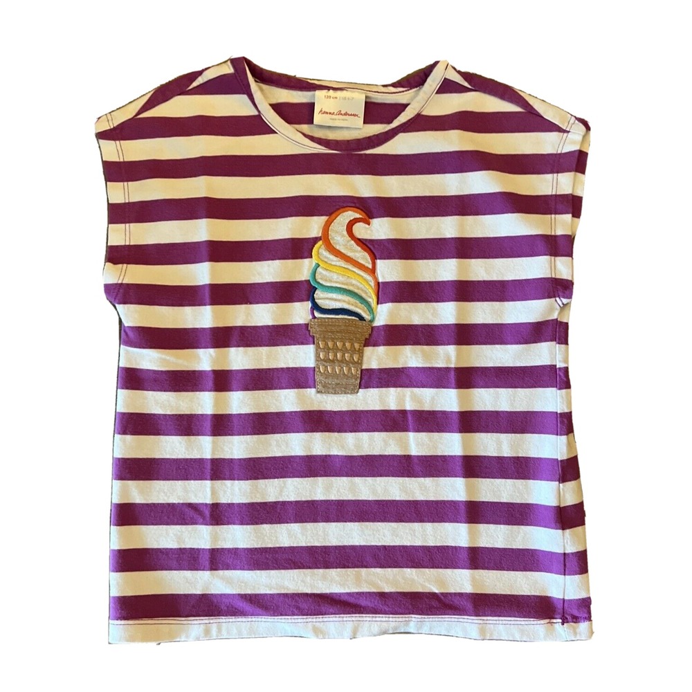 VTG Hanna Andersson Girls SZ 6-7 120cm Purple Stripe Shirt w/ Rainbow Ice Cream